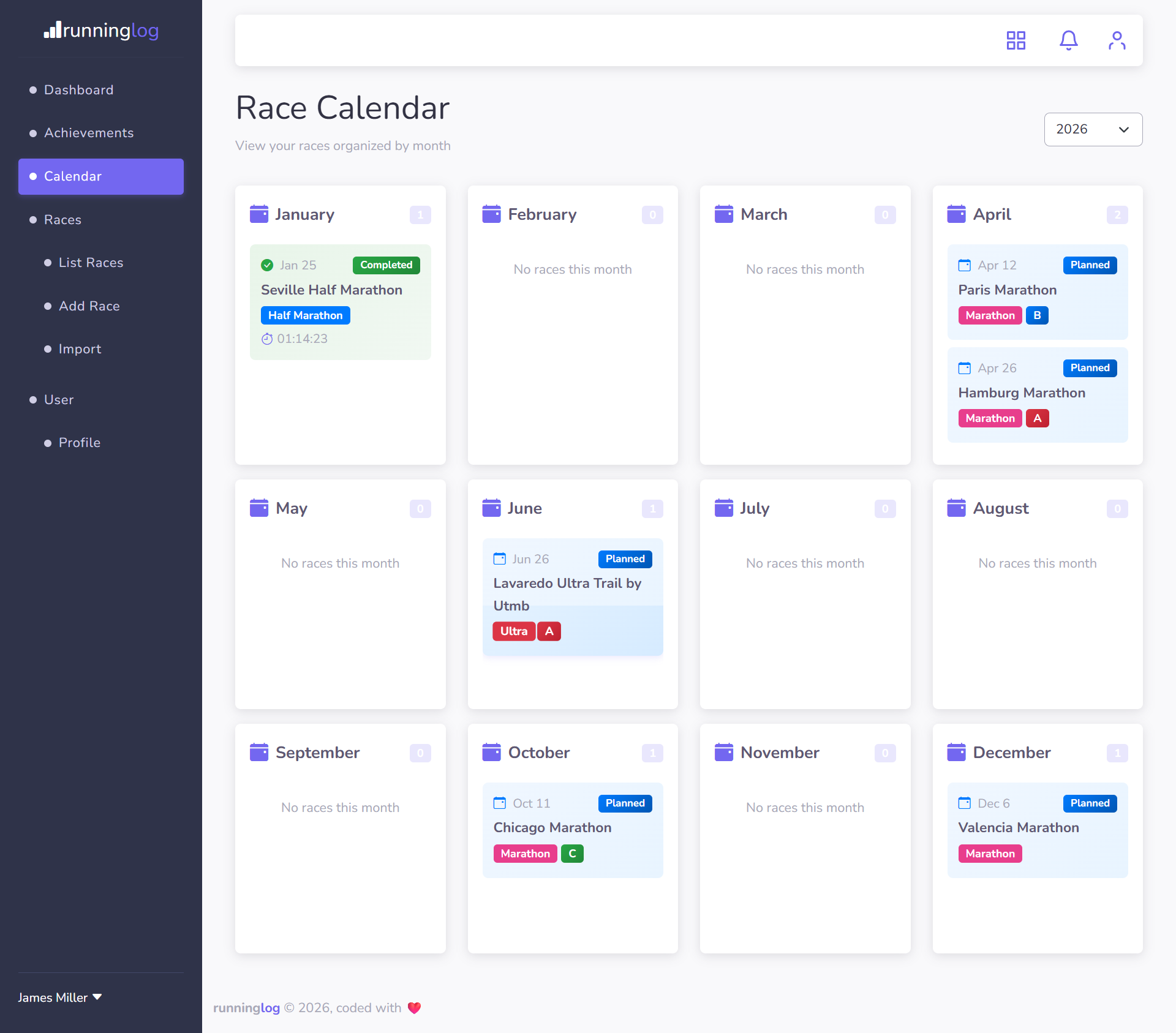 runninglog race calendar