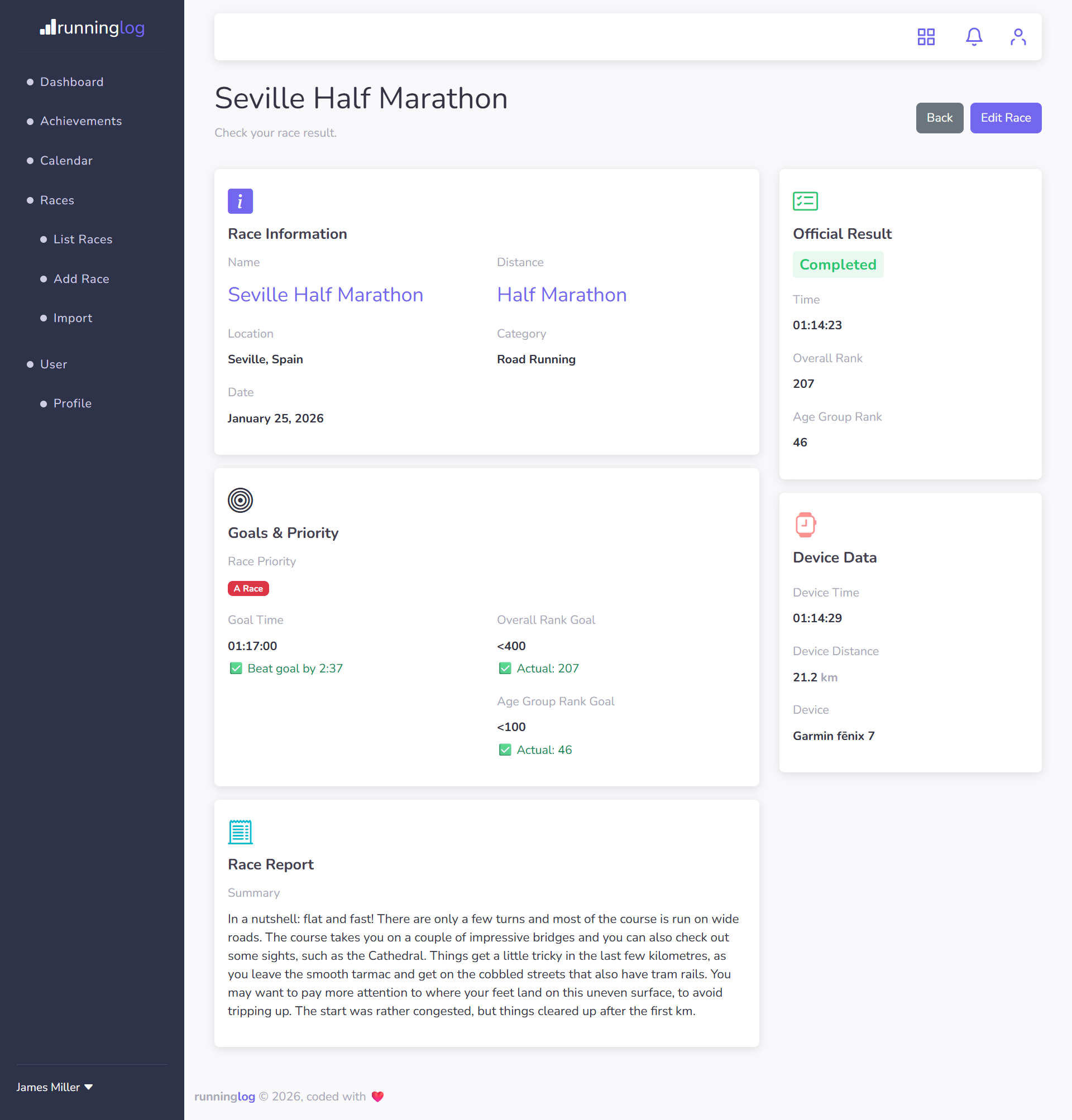 runninglog race result